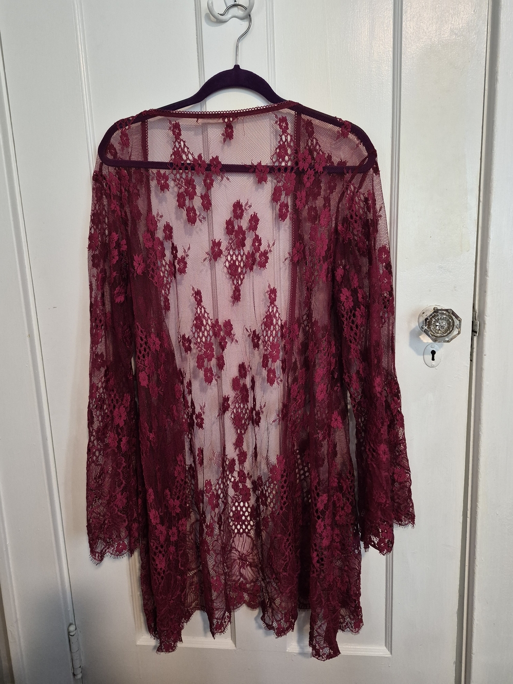 Sheer Burgundy Floral Lace Kimono Robe - Picture 4 of 4